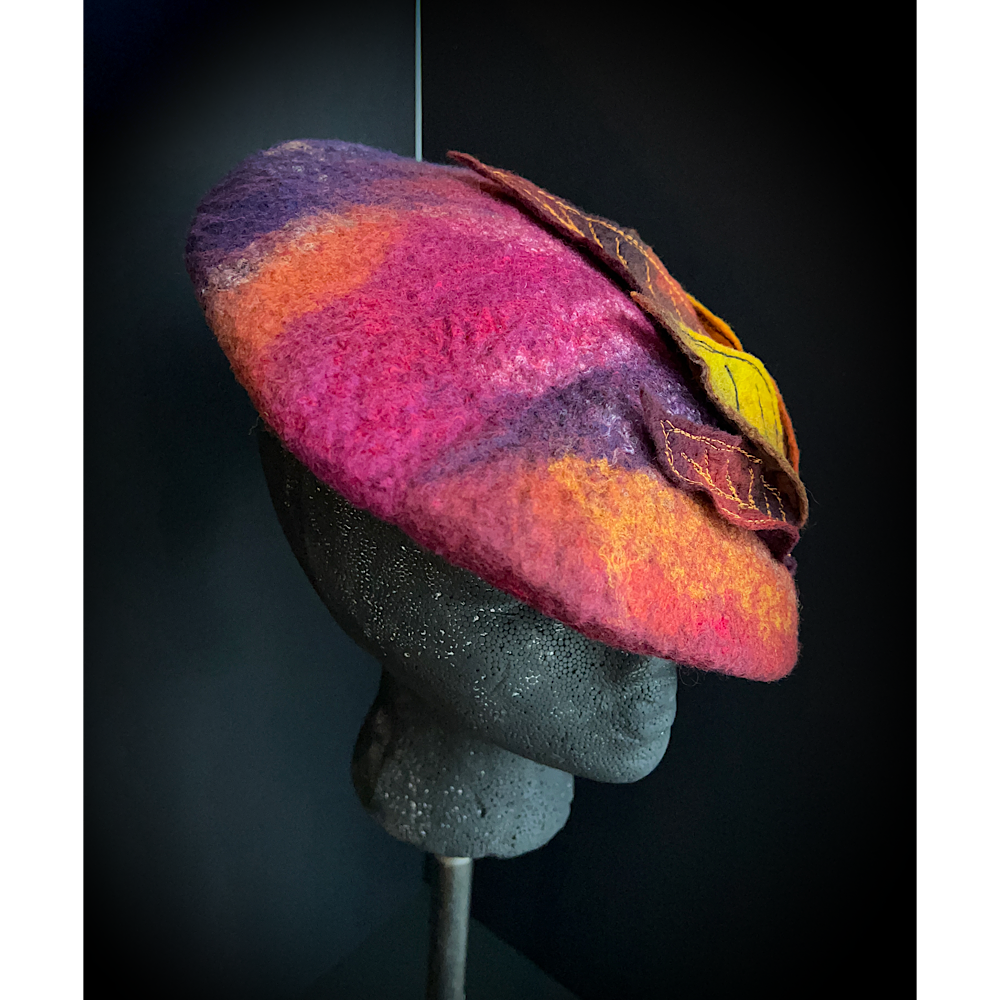 Felted beret with leaves size 22” small
