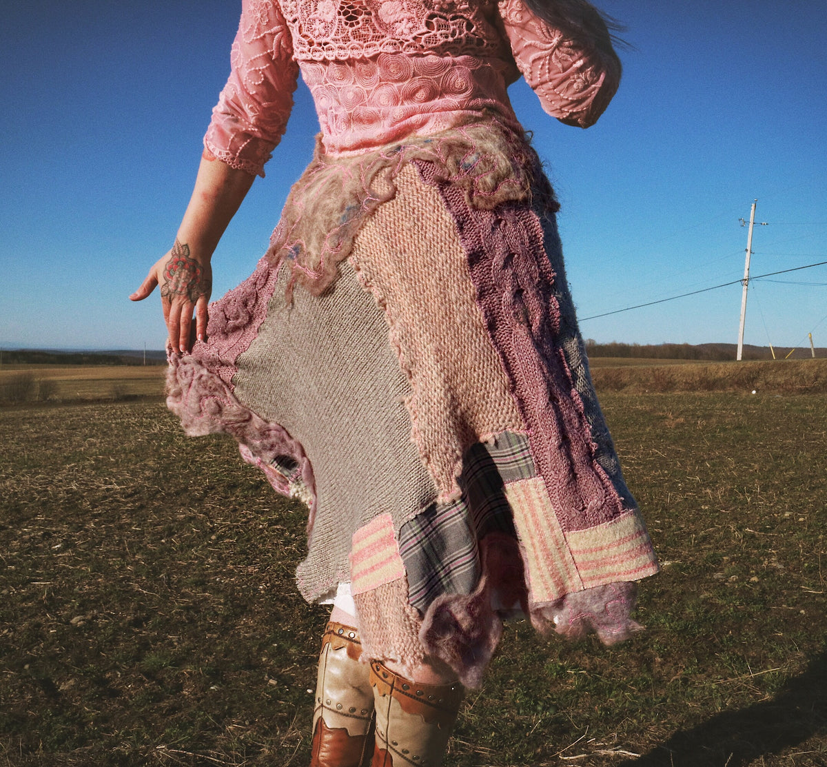 Recycled sweaters patchwork skirt purple and pink Size medium large - Mynoush