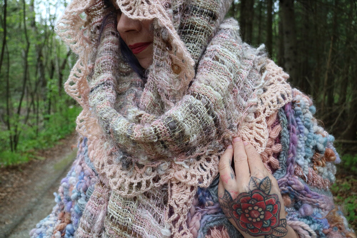 Summer woven and felted hooded scarf - Natural colours with blush pink - Mynoush