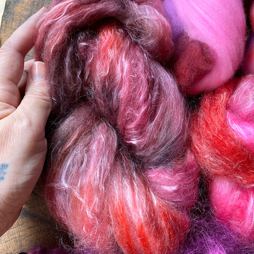 Spinning kit Hand dyed roving with mohair