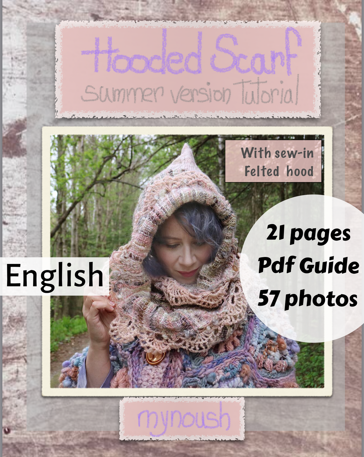 PDF Guide Of my Hooded Scarf summer version -sew in Hood-English- 21 pages 57 photos, instant download, weaving, felting, quilting - Mynoush
