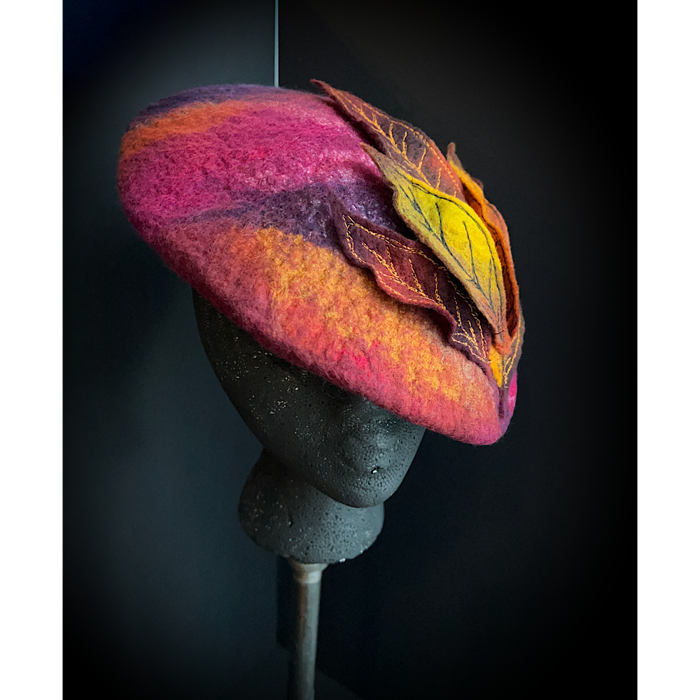 Felted beret with leaves size 22” small