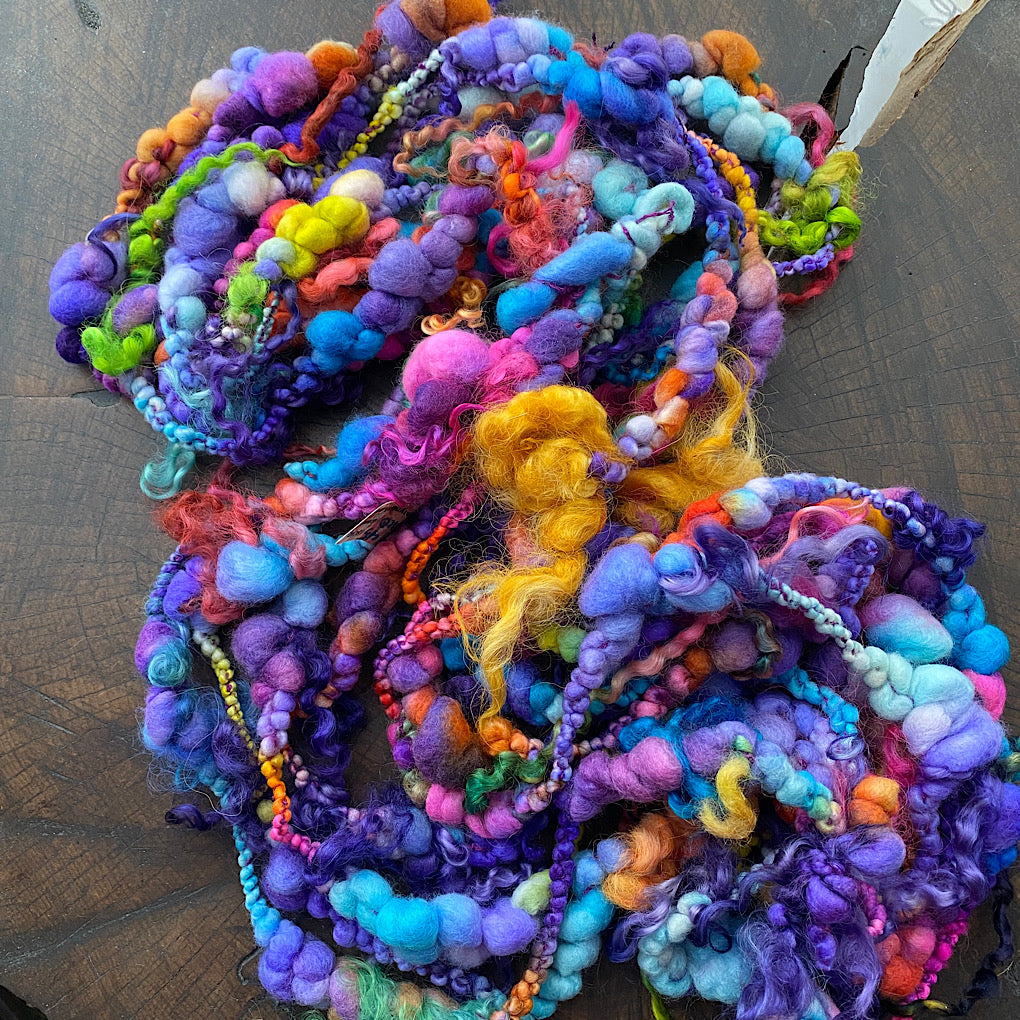 Purple Rainbow Jumbo boucle Art yarn with locks