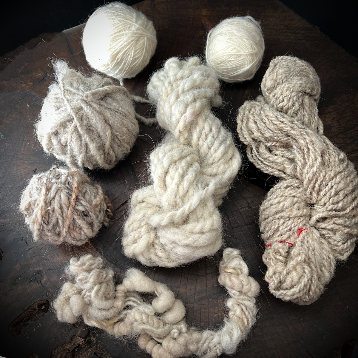 Set of rustic yarns from my spinning debuts
