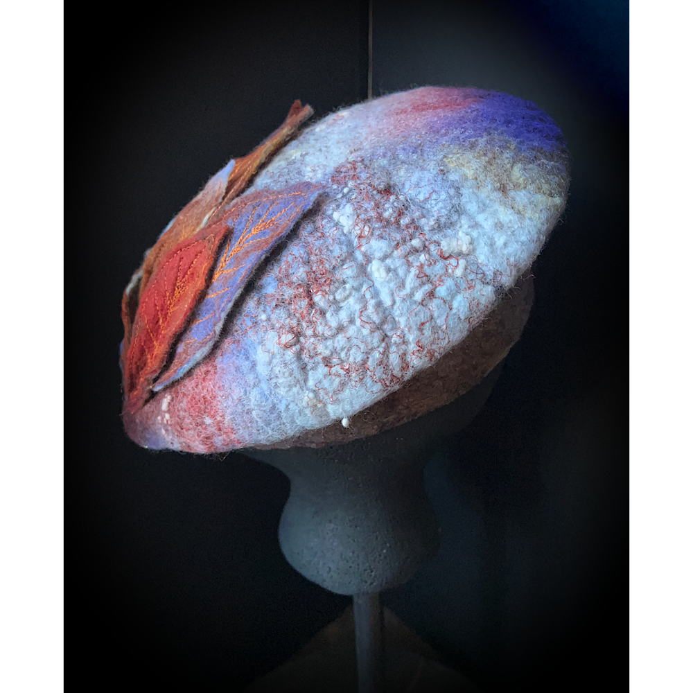 Felted beret with leaves size 22“ 3/4 small