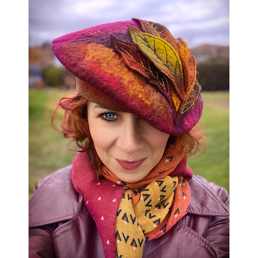 Felted beret with leaves size 22” small