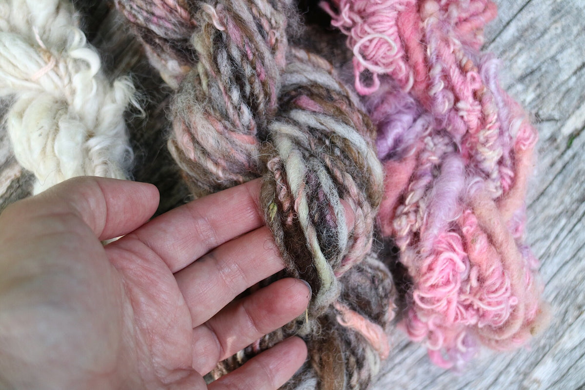3 mini hand spun skeins kit - brown and pink - 100 grams - Mynoush