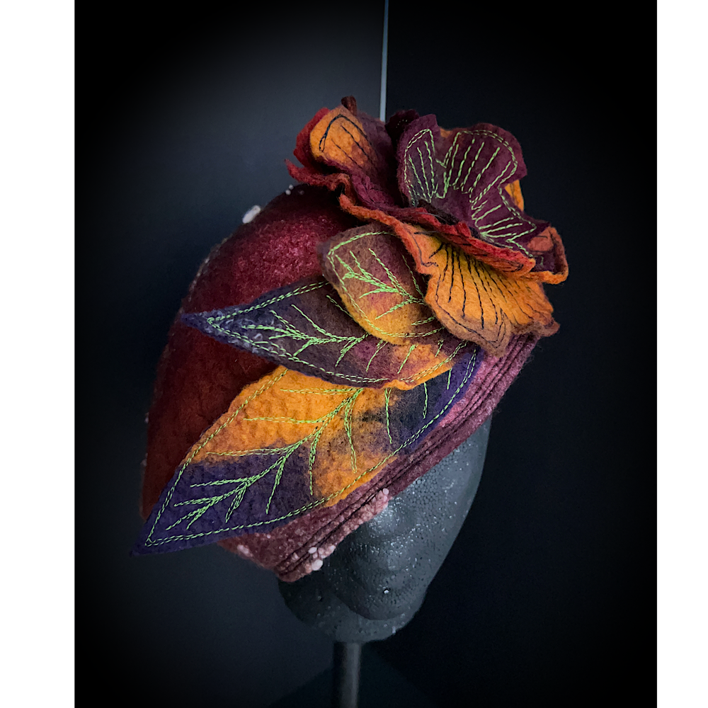 Felted beret with rose size 24” large