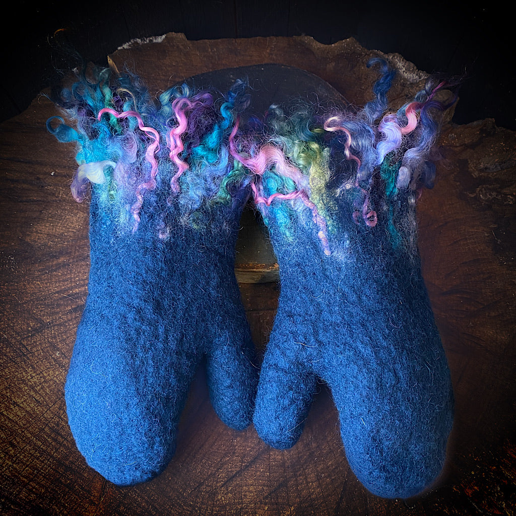 Blue felted mittens
