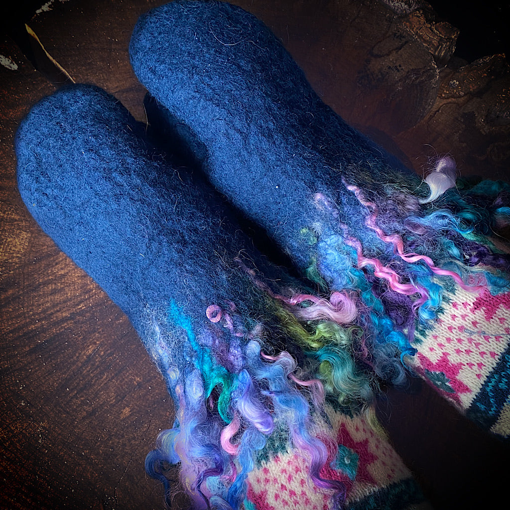 Blue felted mittens