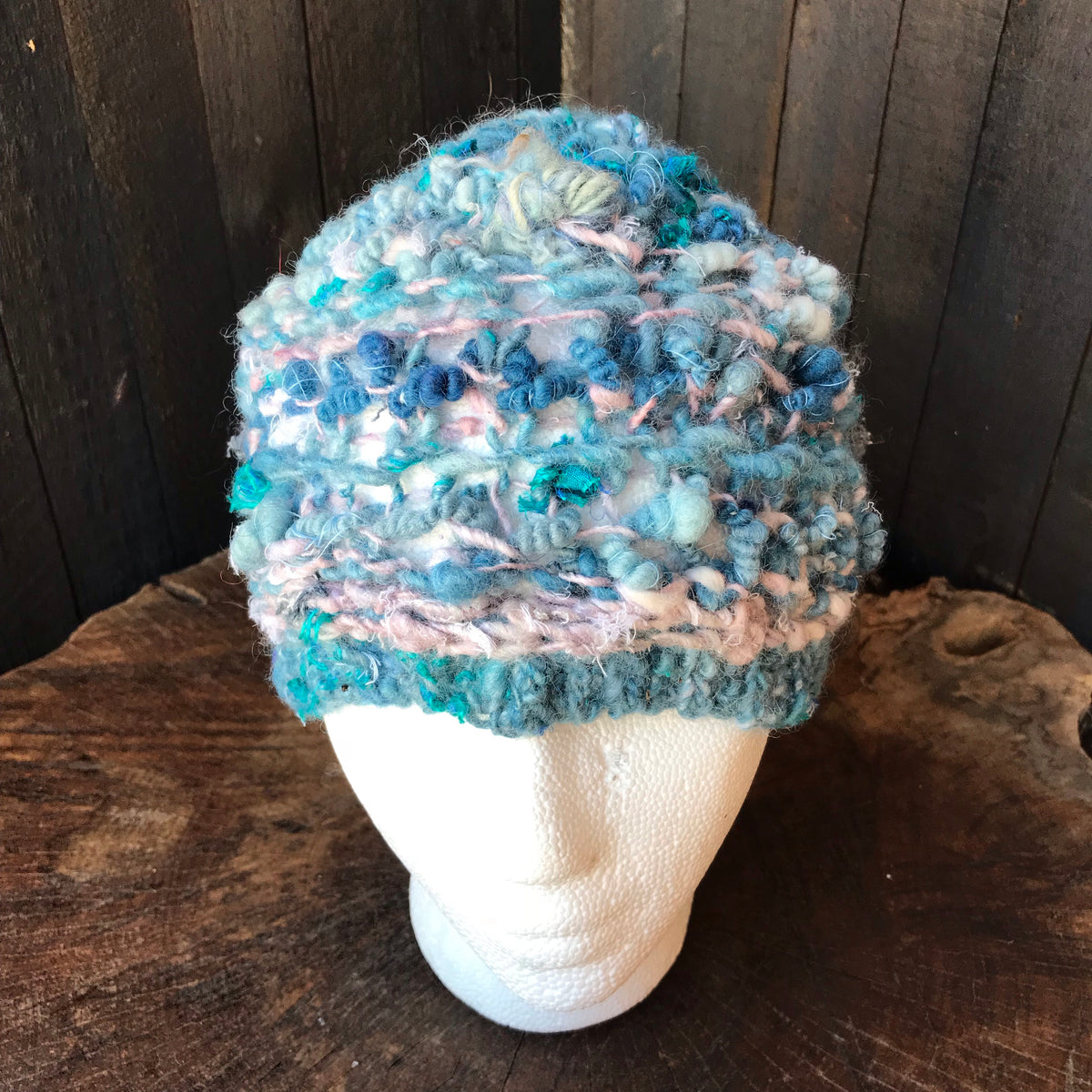 Blue knitted hat for woman | made of art yarn | Bonnet en tricot bleu en laine filée main |17”-21” - Mynoush