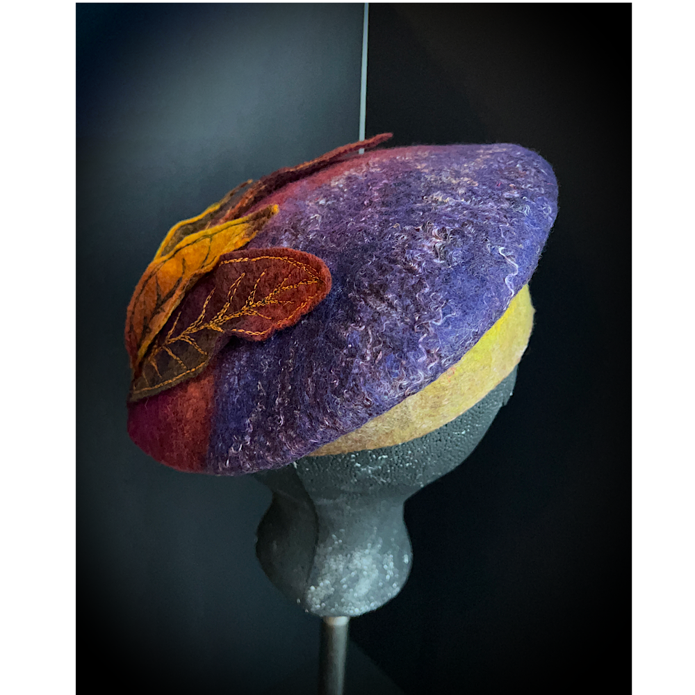 Felted beret with leaves size 22” small