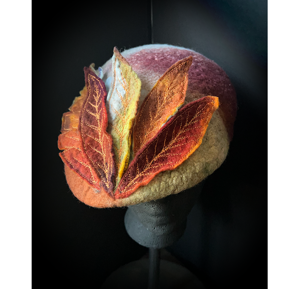 Felted beret with leaves size 22“ 1/2 small