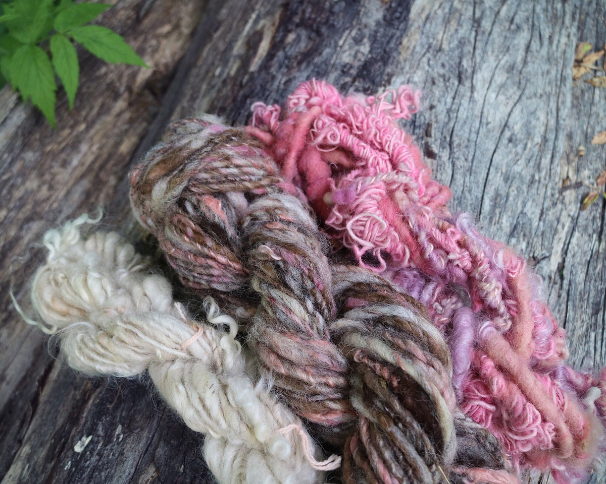 3 mini hand spun skeins kit - brown and pink - 100 grams - Mynoush