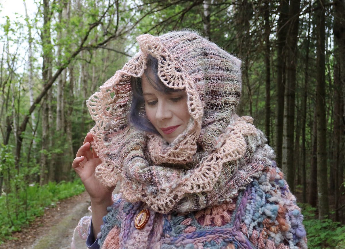 Summer woven and felted hooded scarf - Natural colours with blush pink - Mynoush
