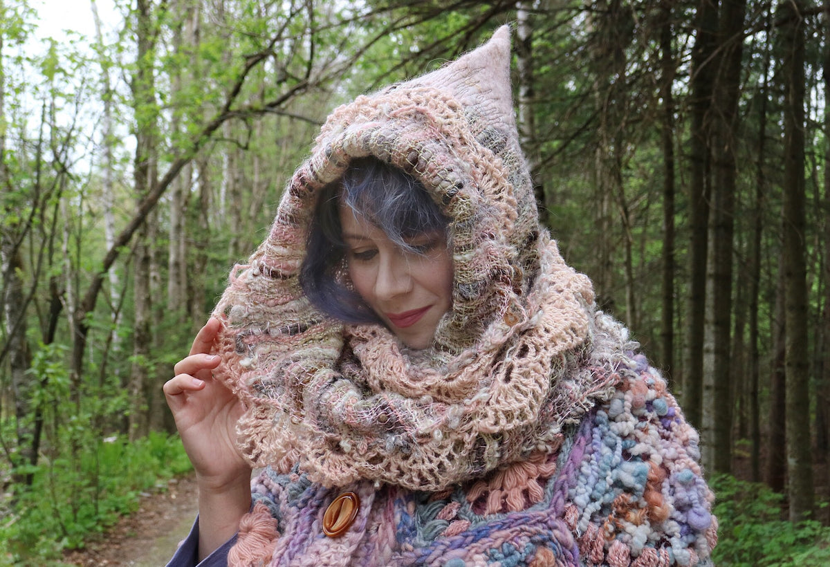 Summer woven and felted hooded scarf - Natural colours with blush pink - Mynoush