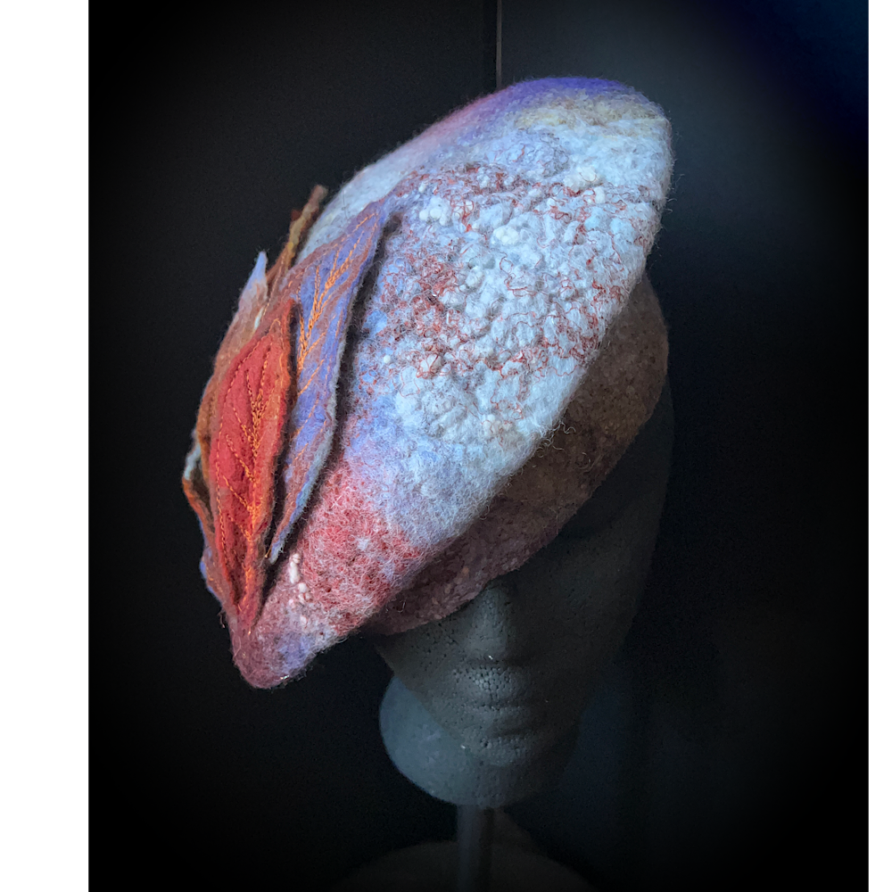 Felted beret with leaves size 22“ 3/4 small
