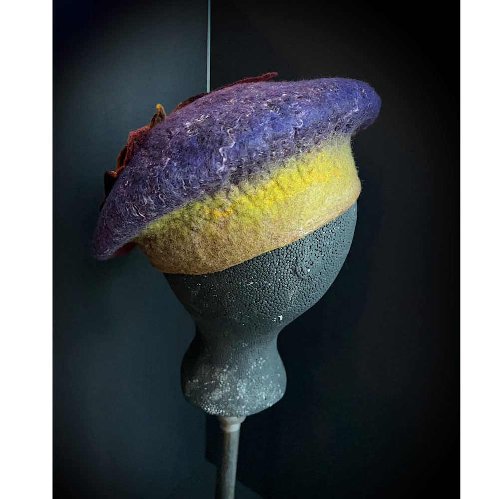 Felted beret with leaves size 22” small