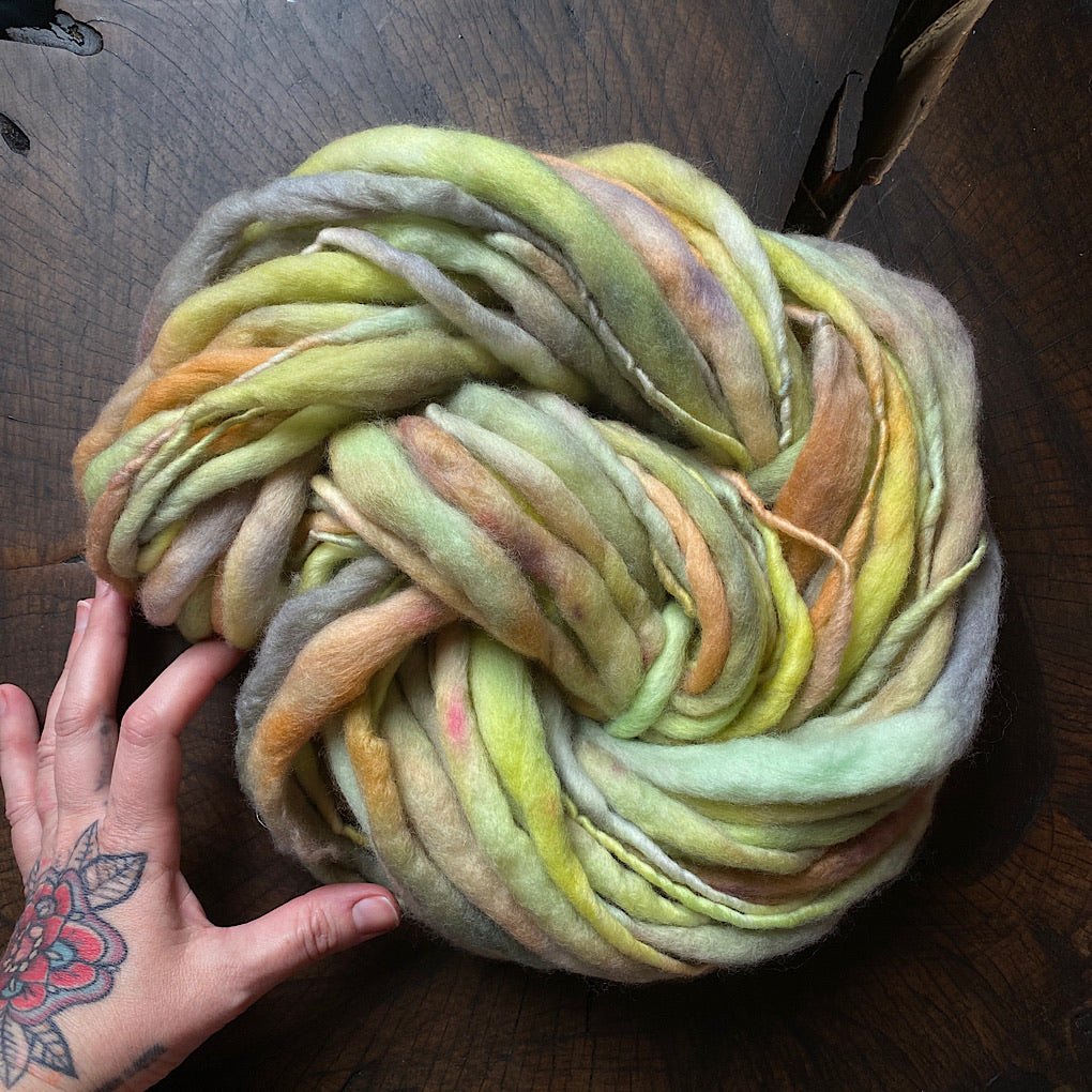 Earthy green Thick and thin hand spun yarn