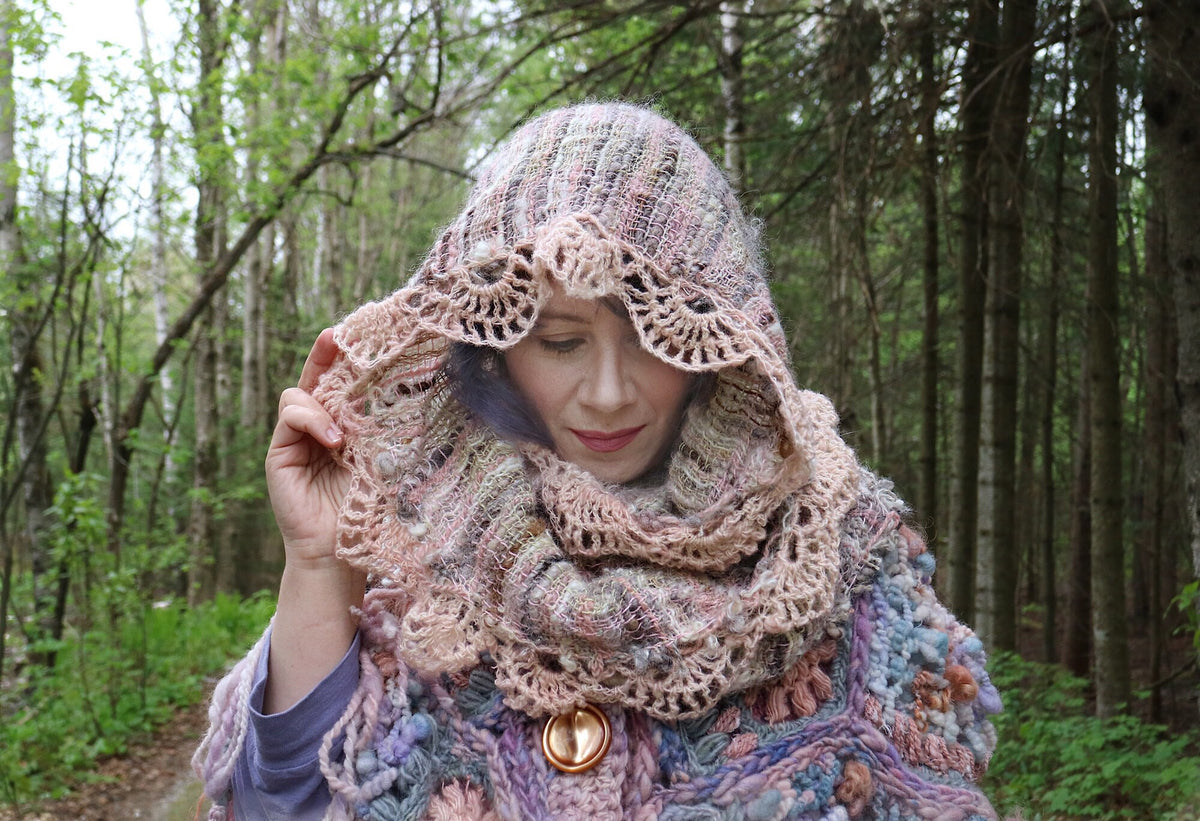 Summer woven and felted hooded scarf - Natural colours with blush pink - Mynoush