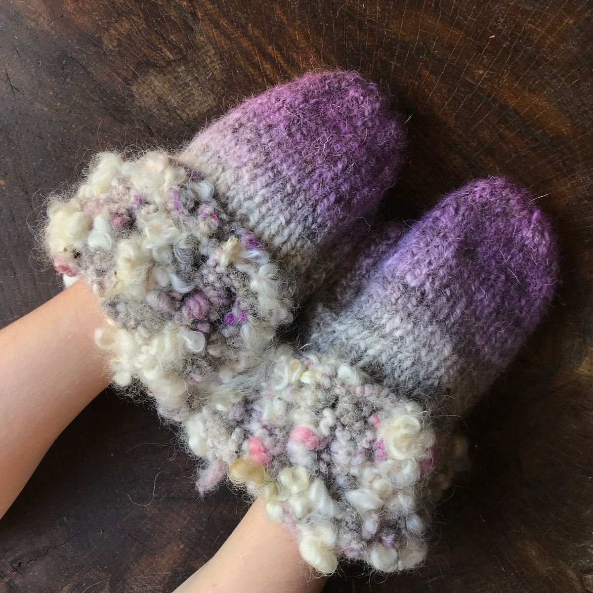 Purple and grey knitted and felted mittens - Medium size - Mynoush