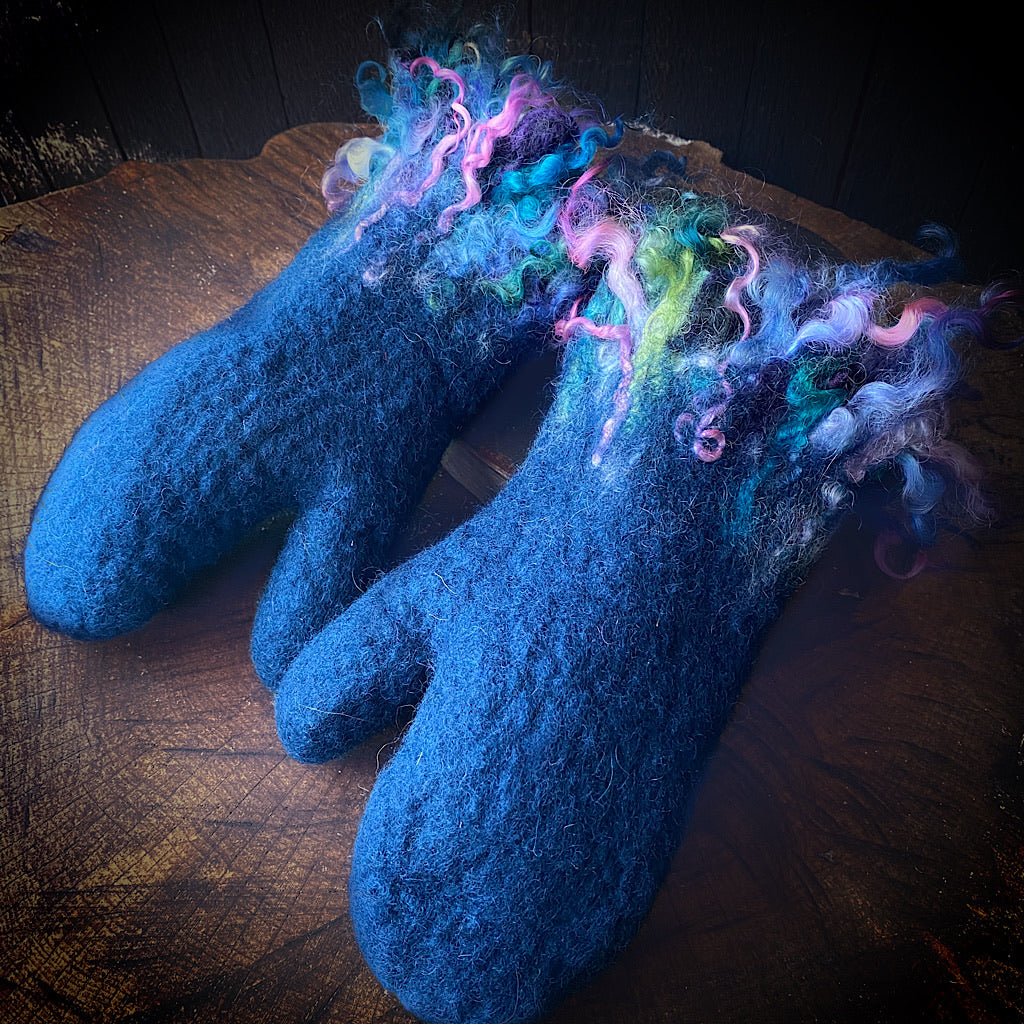 Blue felted mittens