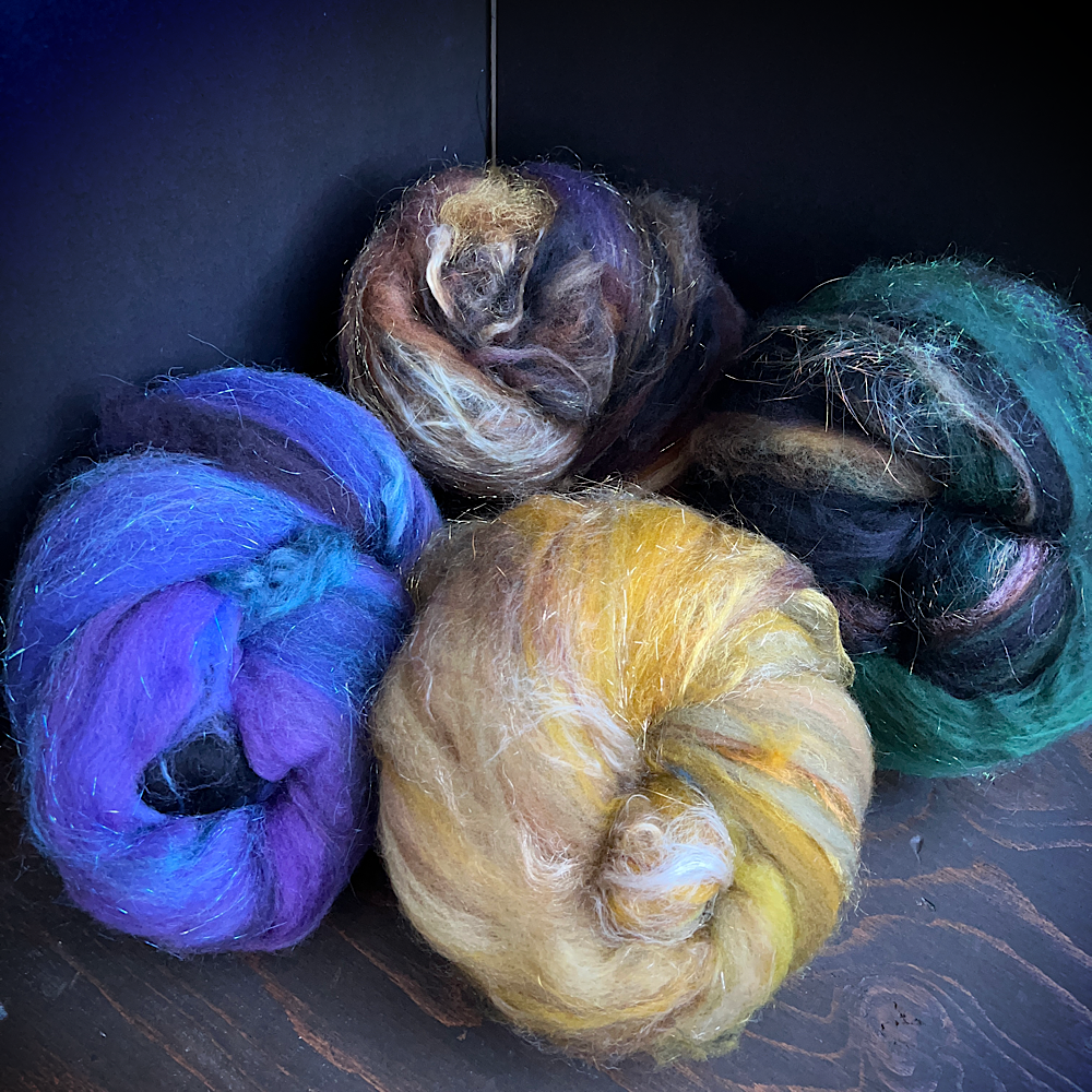 Set of 4 art batts for spinning or felting Mynoush