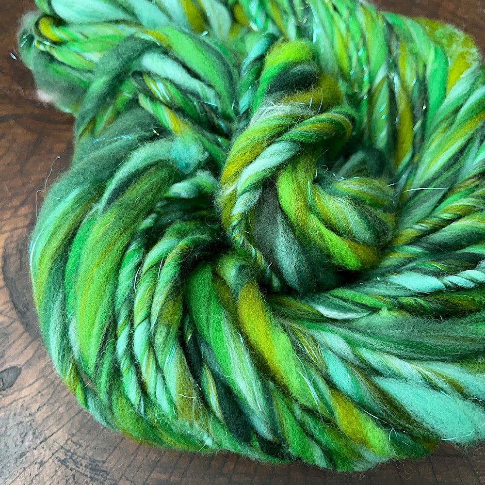 Green hand spun yarn for knitting crochet weaving 1.8 oz