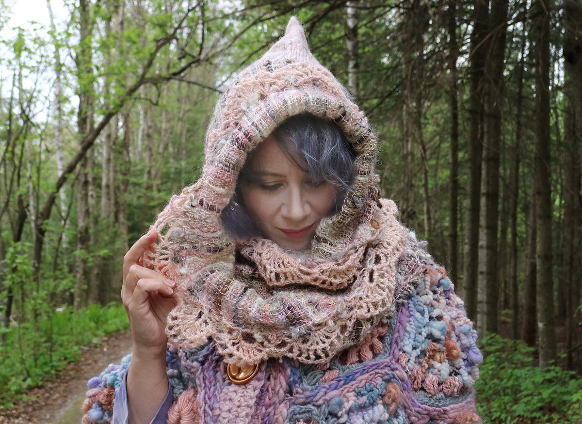 Summer woven and felted hooded scarf - Natural colours with blush pink - Mynoush