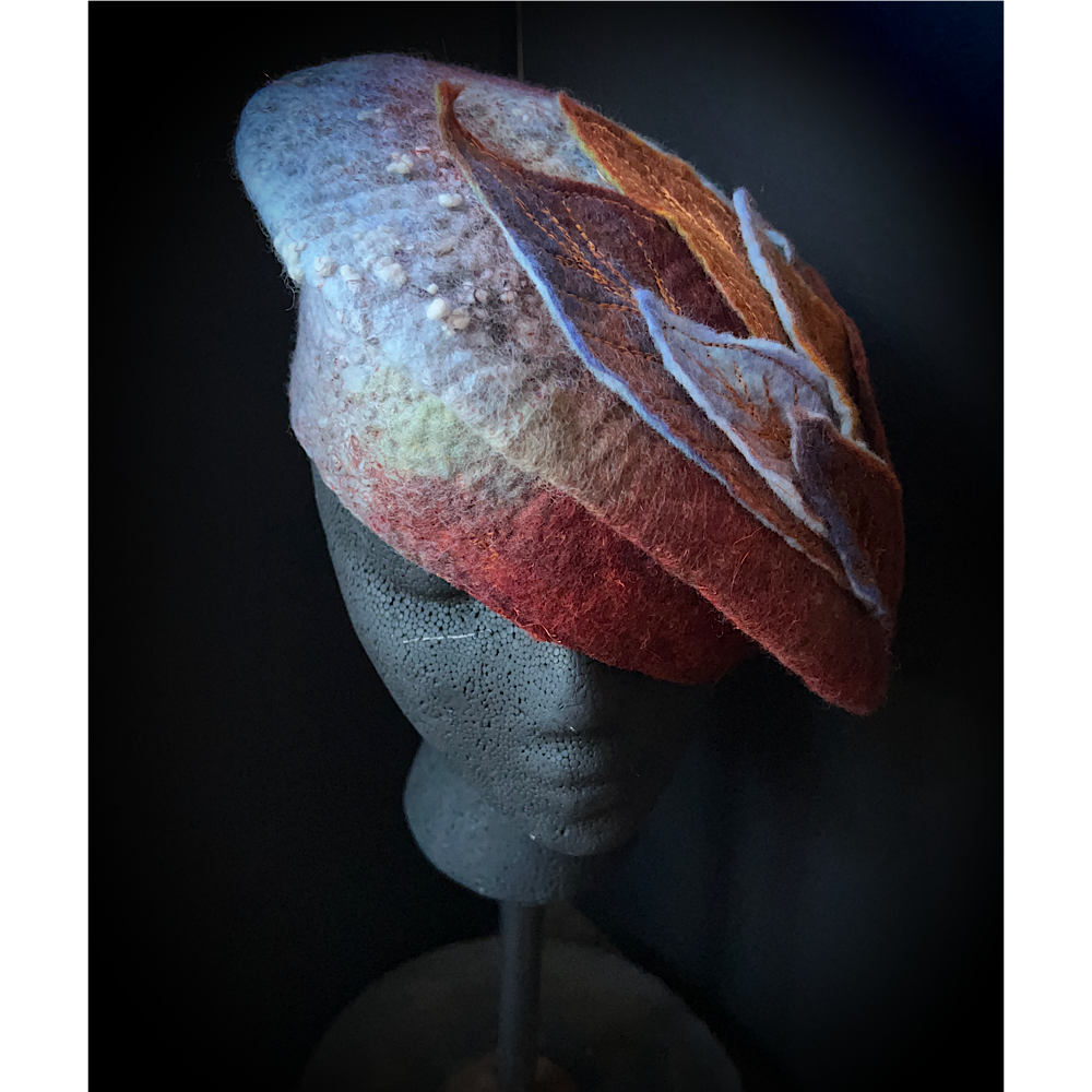 Felted beret with leaves size 22“ 3/4 small