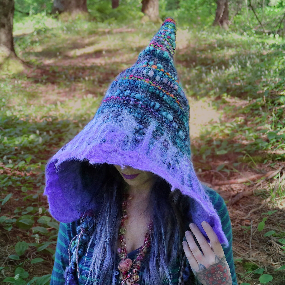 Blue hood hat with felt, fairy hat, hand woven - One size - Mynoush