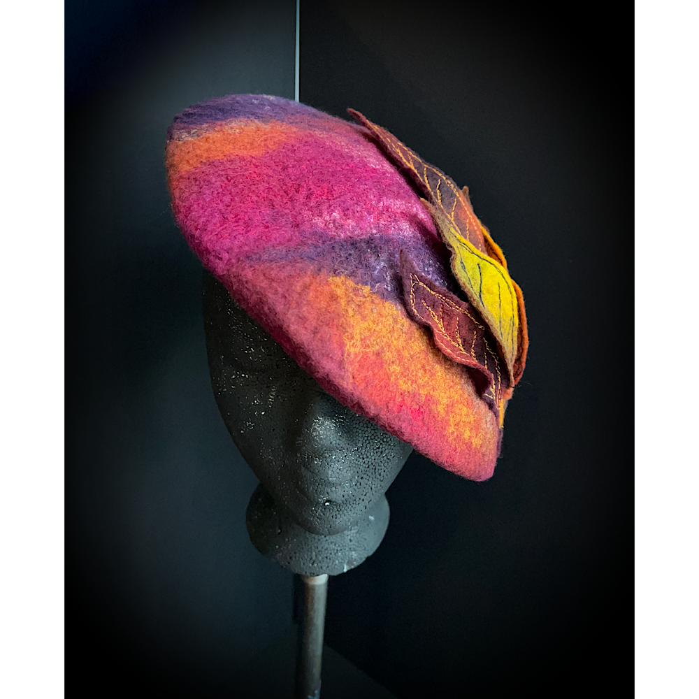 Felted beret with leaves size 22” small