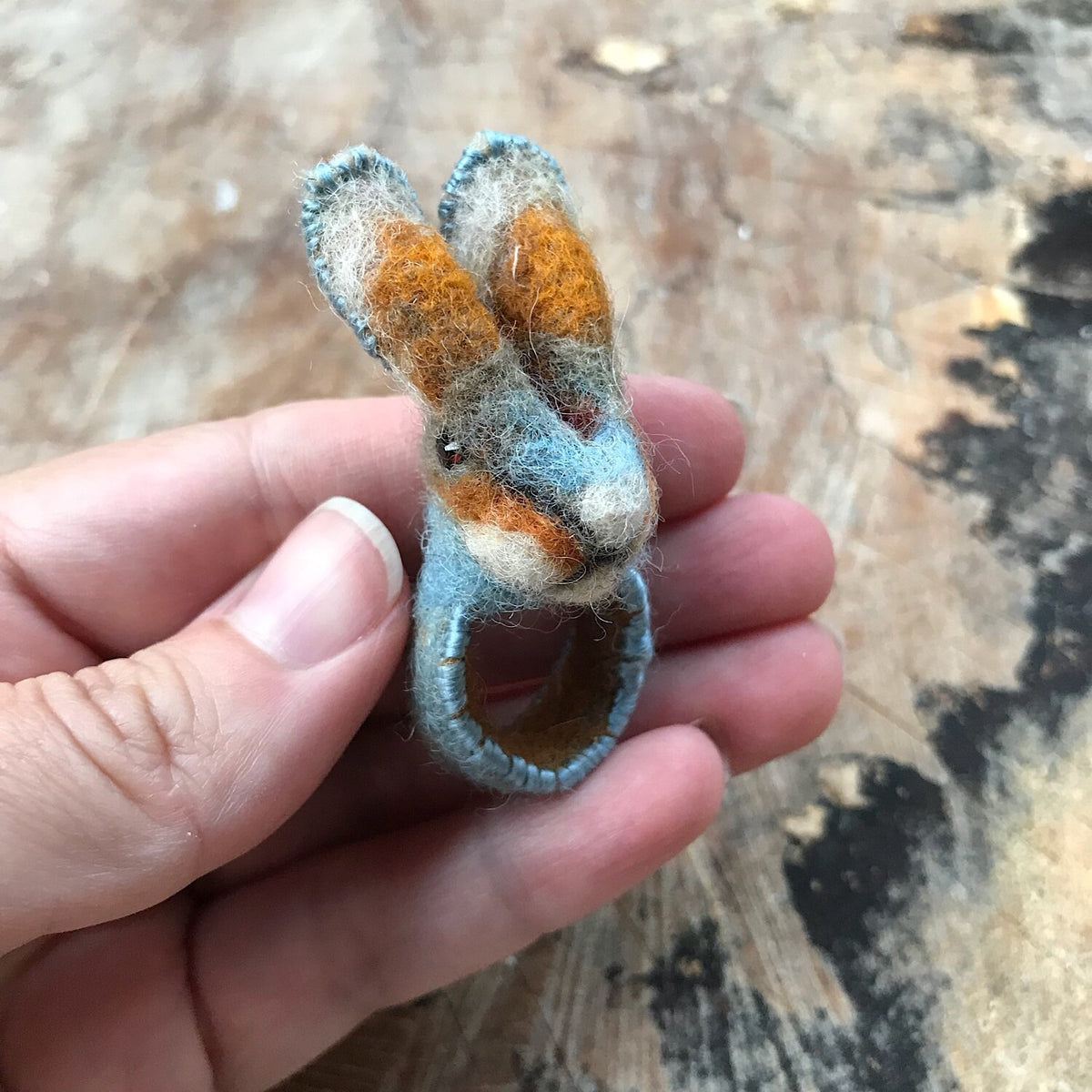 Blue felted bunny ring size 6.5-7.5 - Mynoush