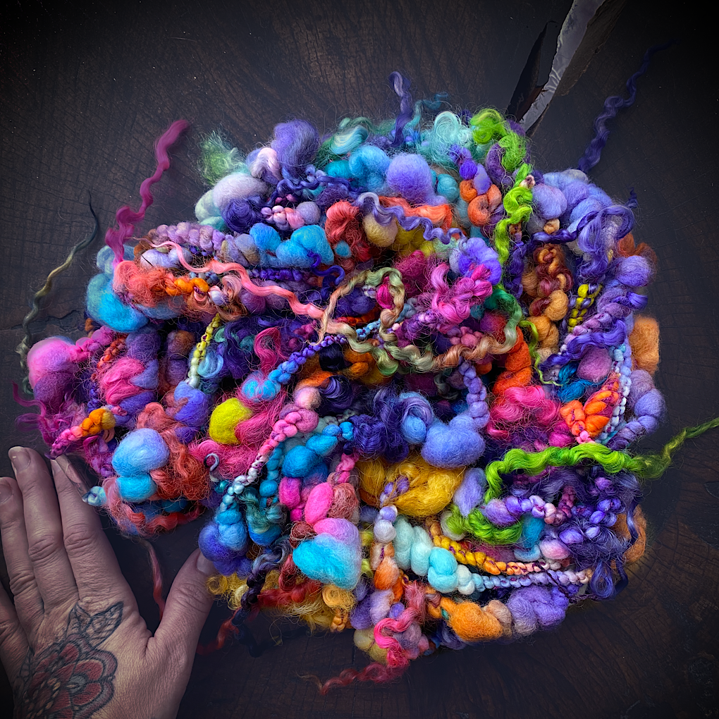 Purple Rainbow Jumbo boucle Art yarn with locks