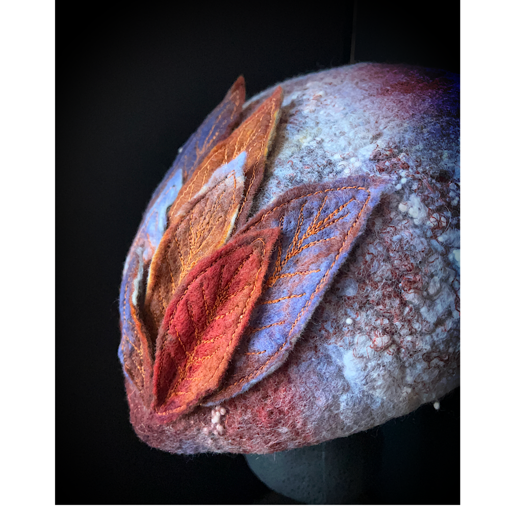 Felted beret with leaves size 22“ 3/4 small