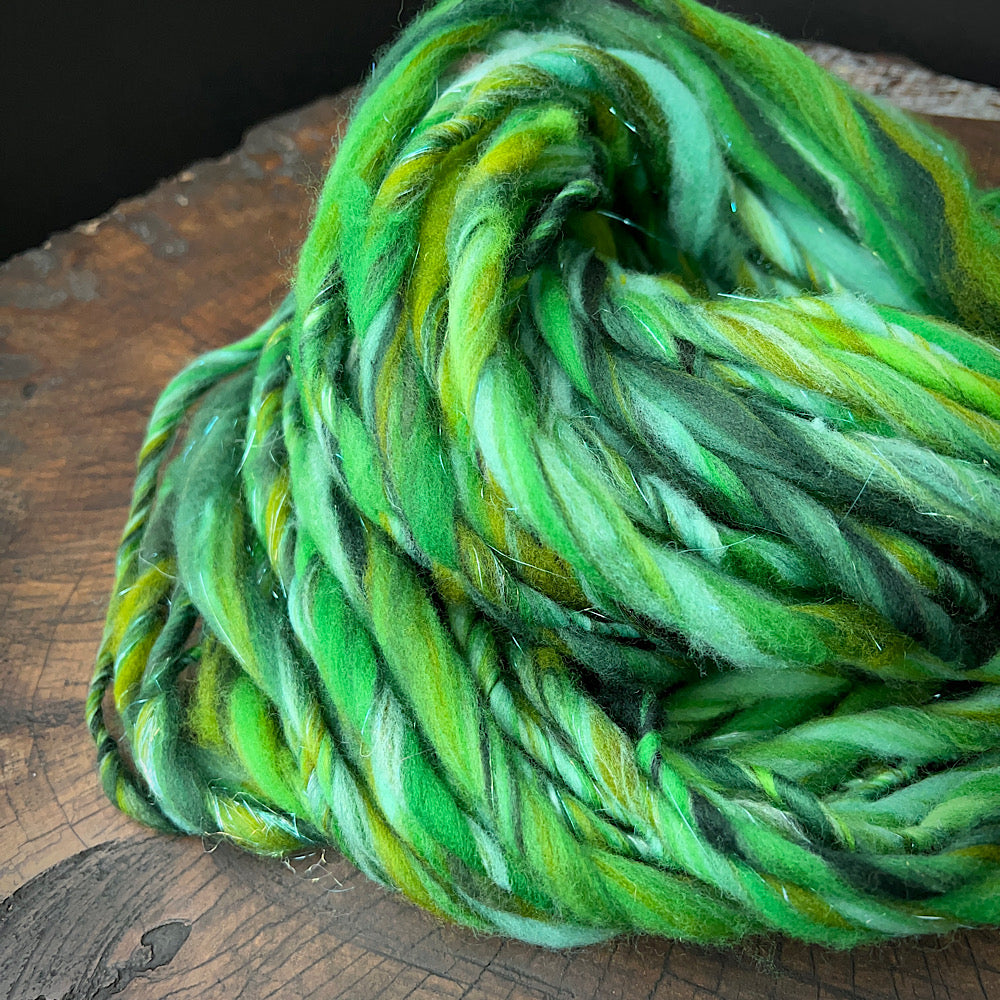Green hand spun yarn for knitting crochet weaving 1.8 oz