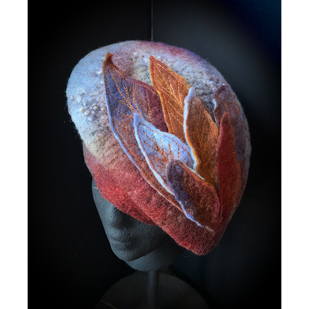 Felted beret with leaves size 22“ 3/4 small