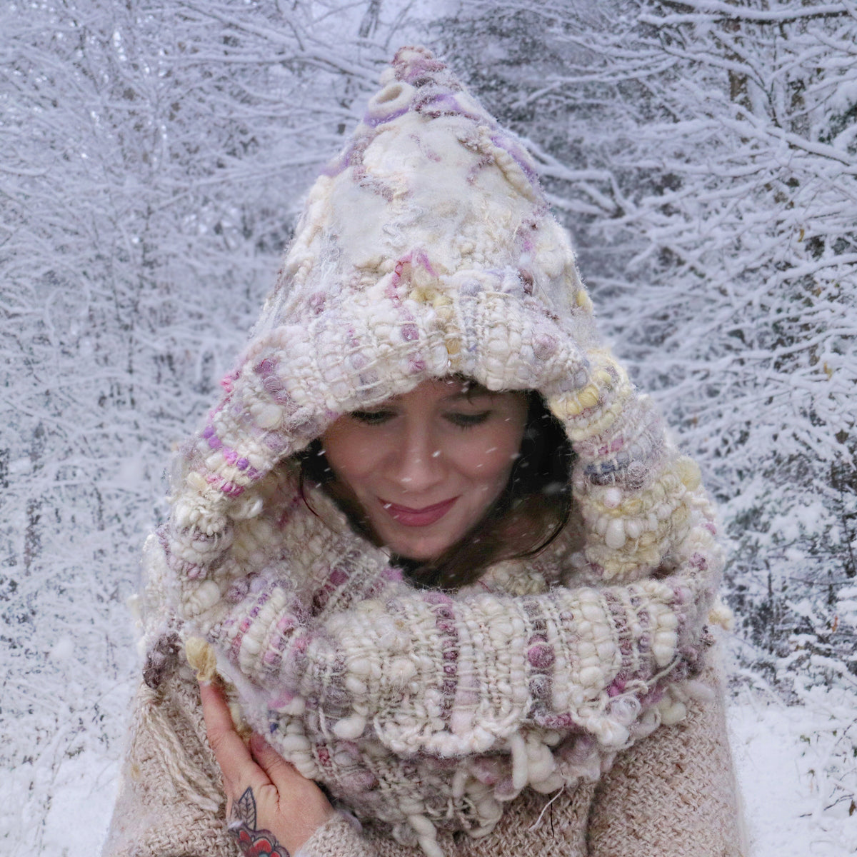 Hand woven and Felted Hooded SCARF | ready to ship | One size 35” x 10” - Mynoush