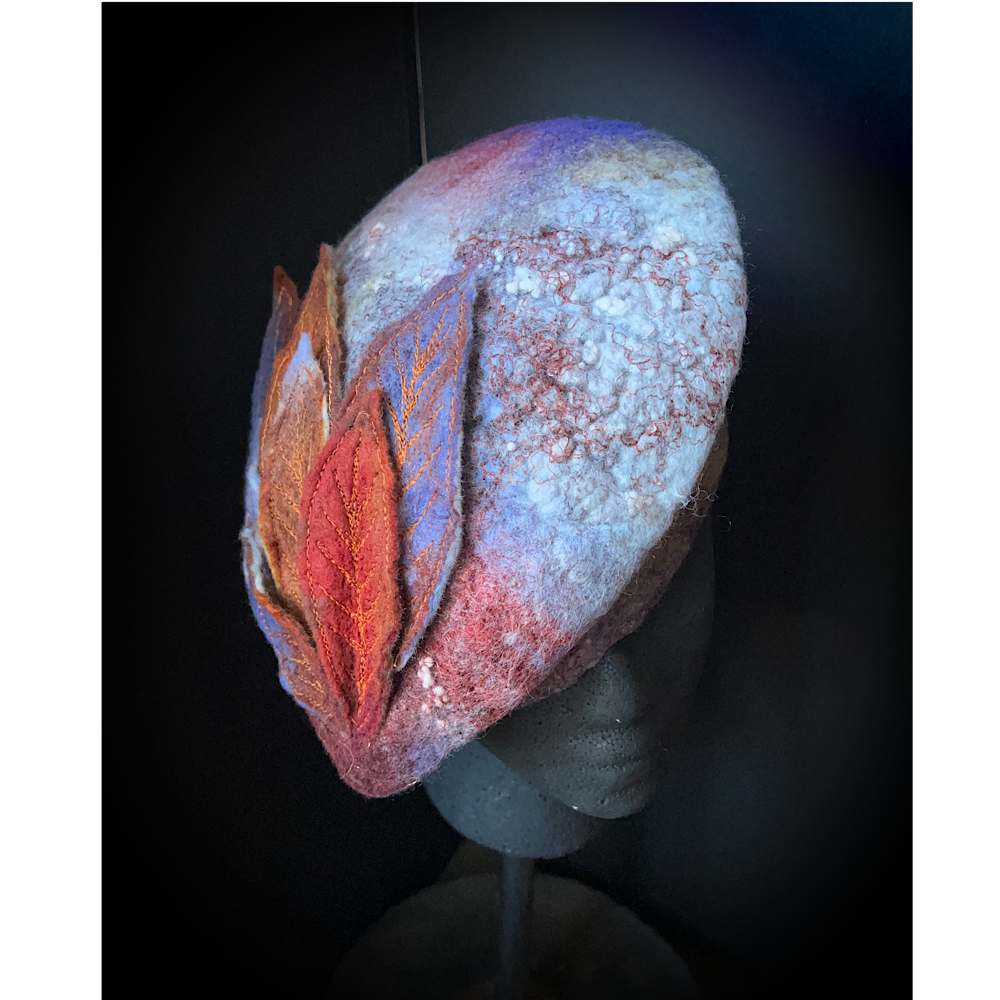 Felted beret with leaves size 22“ 3/4 small