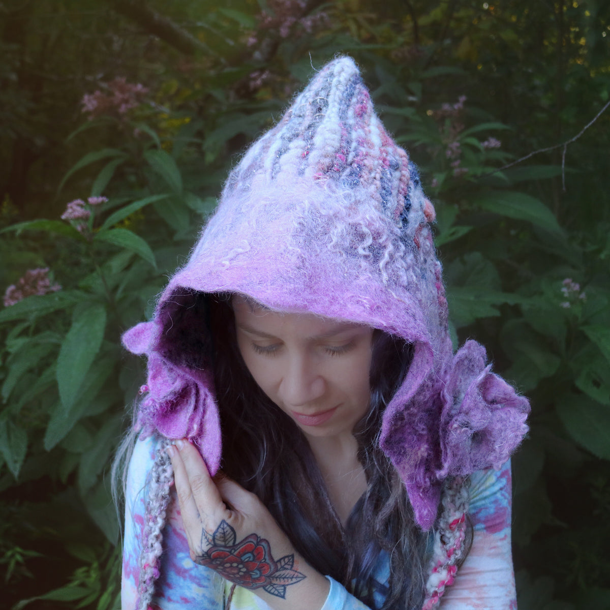 Pink fairy hat | Hooded hat with felted flowers - Mynoush
