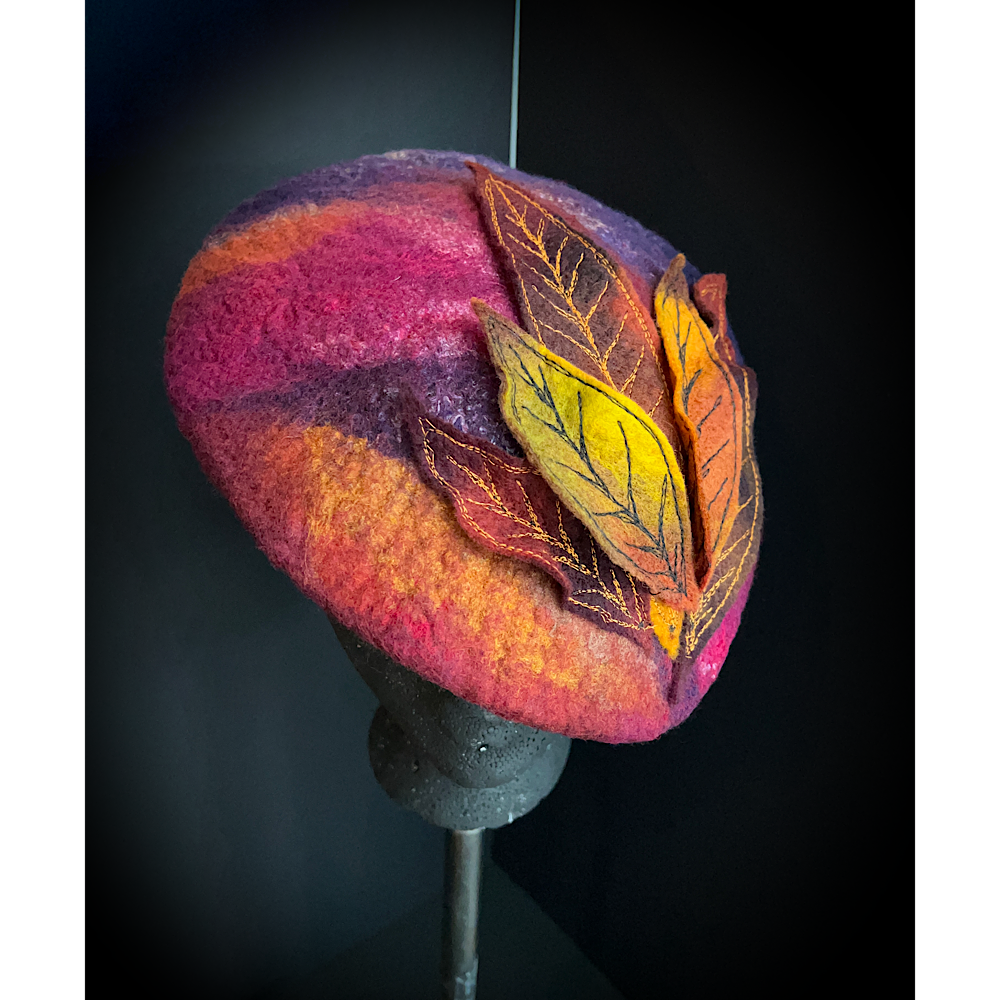 Felted beret with leaves size 22” small