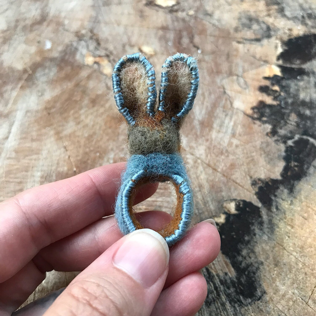 Blue felted bunny ring size 6.5-7.5 - Mynoush