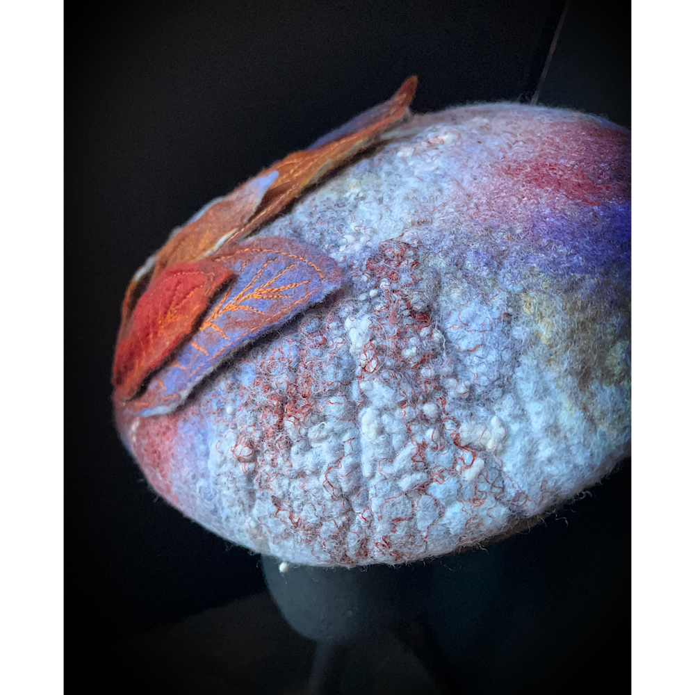 Felted beret with leaves size 22“ 3/4 small