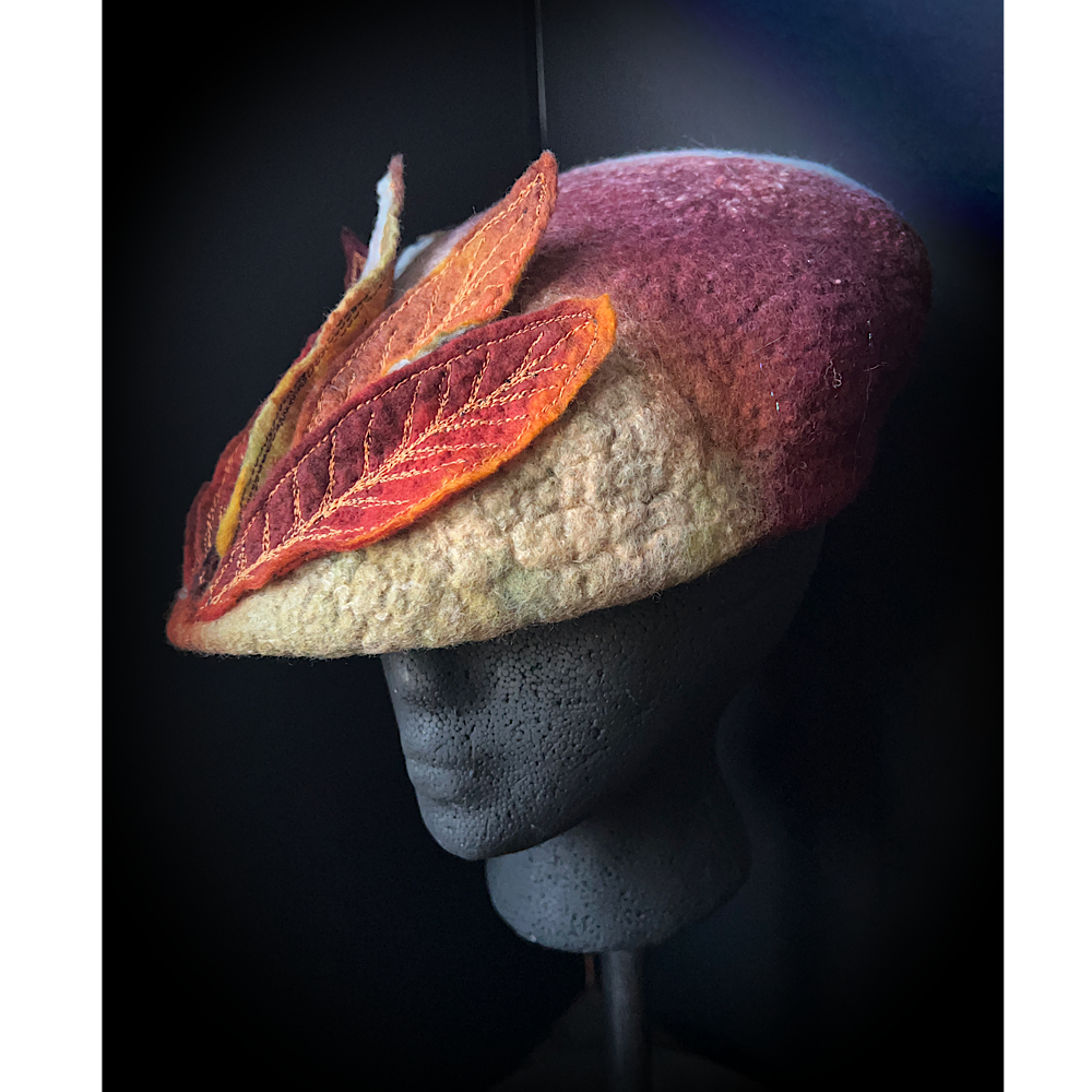 Felted beret with leaves size 22“ 1/2 small