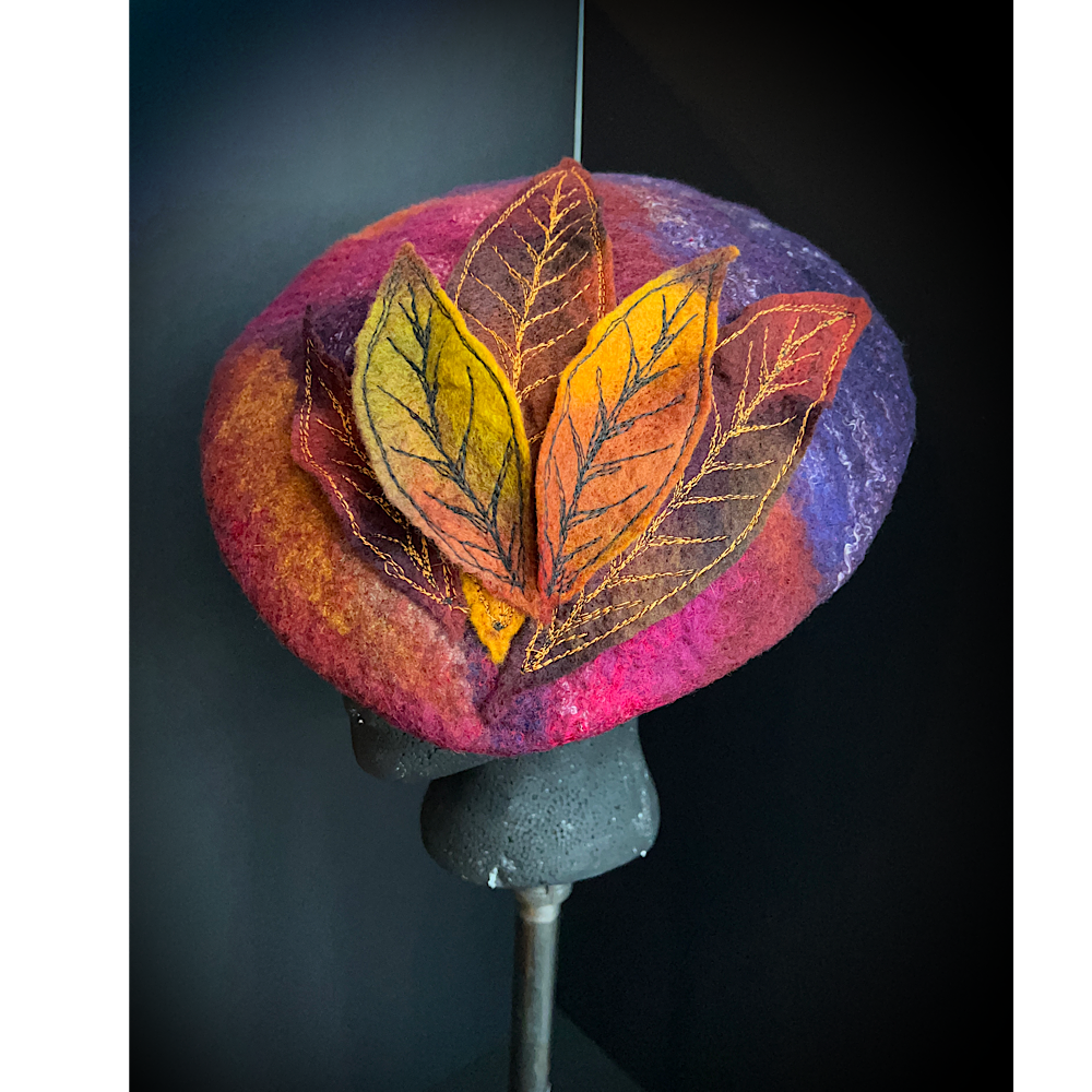 Felted beret with leaves size 22” small