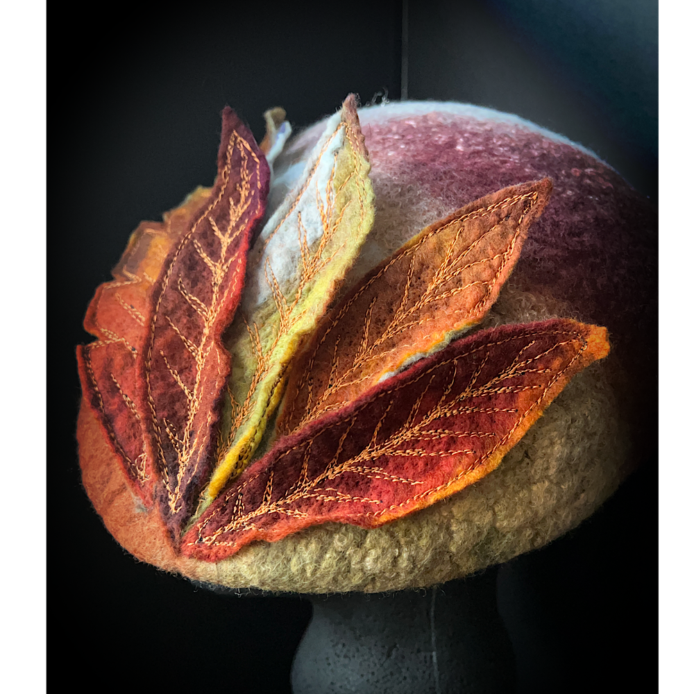 Felted beret with leaves size 22“ 1/2 small